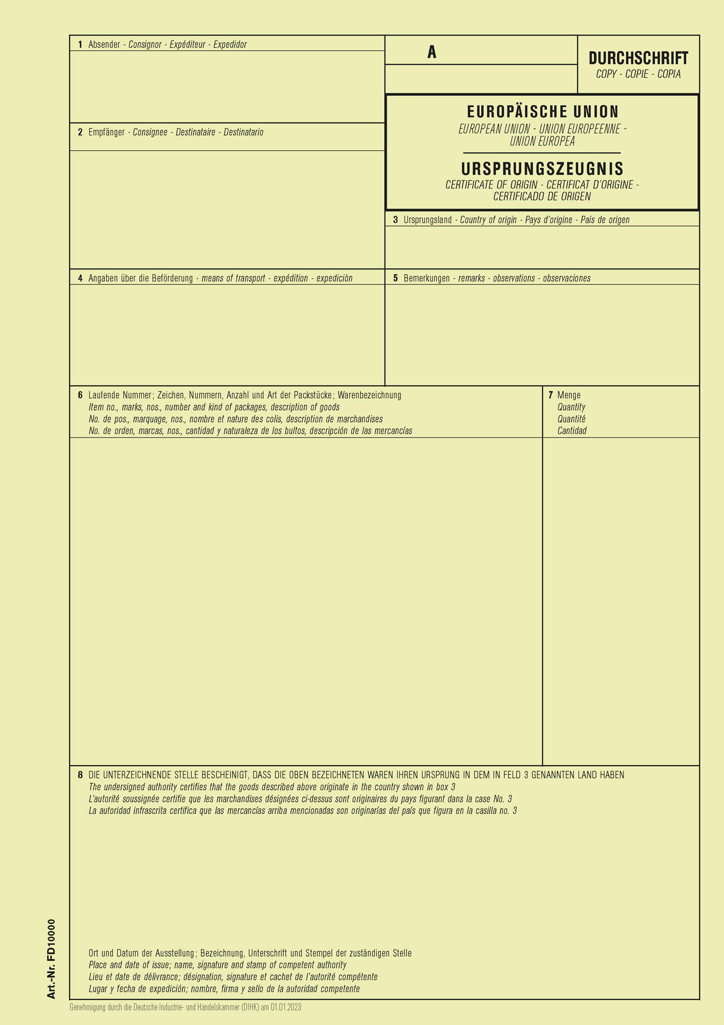 Ursprungszeugnis eUZ – Set 3-teilig: Original + Antrag + Durchschrift