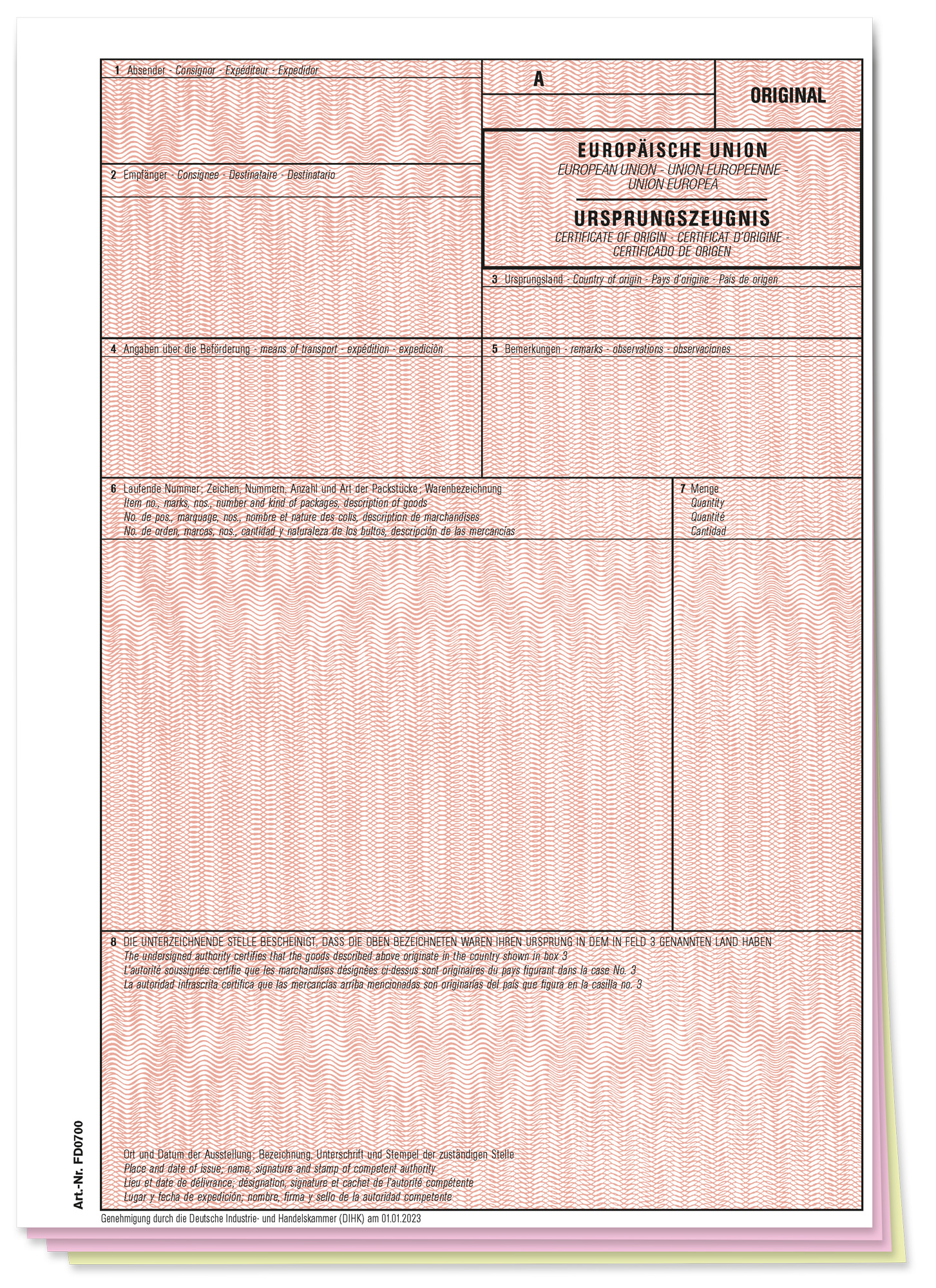 Ursprungszeugnis eUZ – Set 3-teilig: Original + Antrag + Durchschrift