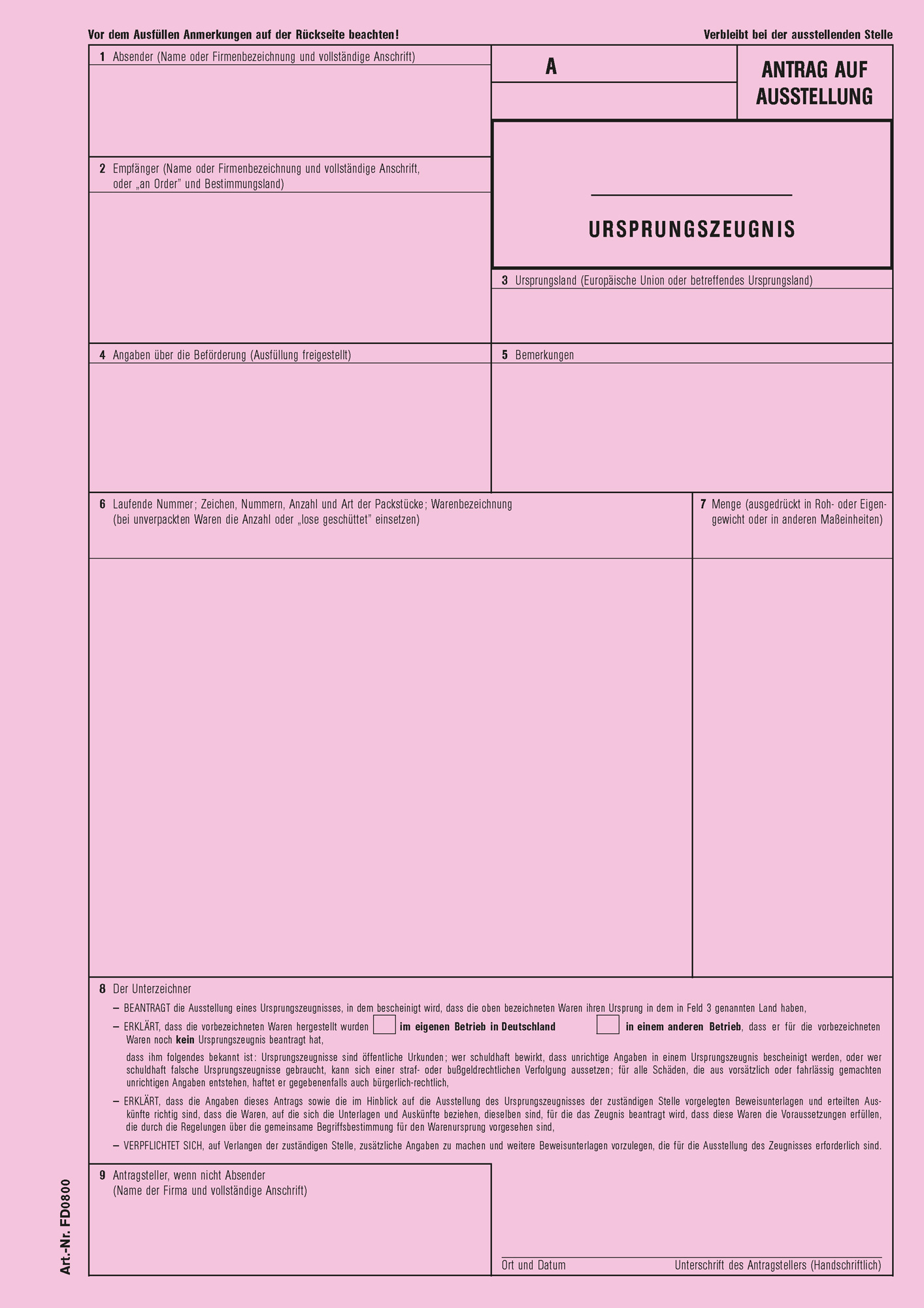 Ursprungszeugnis eUZ – Set 3-teilig: Original + Antrag + Durchschrift