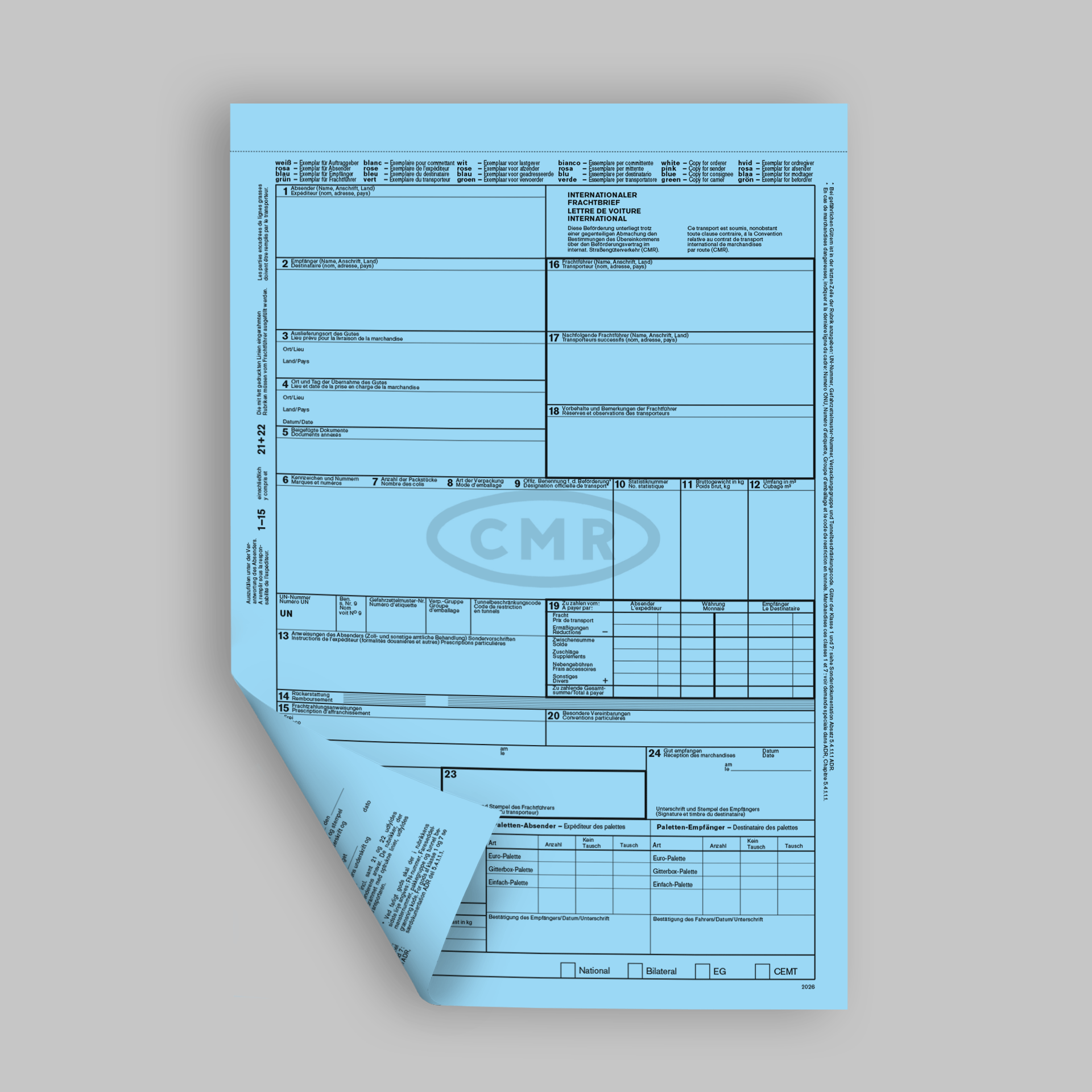 CMR - Frachtbrief Endlossatz selbstdurchschreibend – für Nadeldrucker