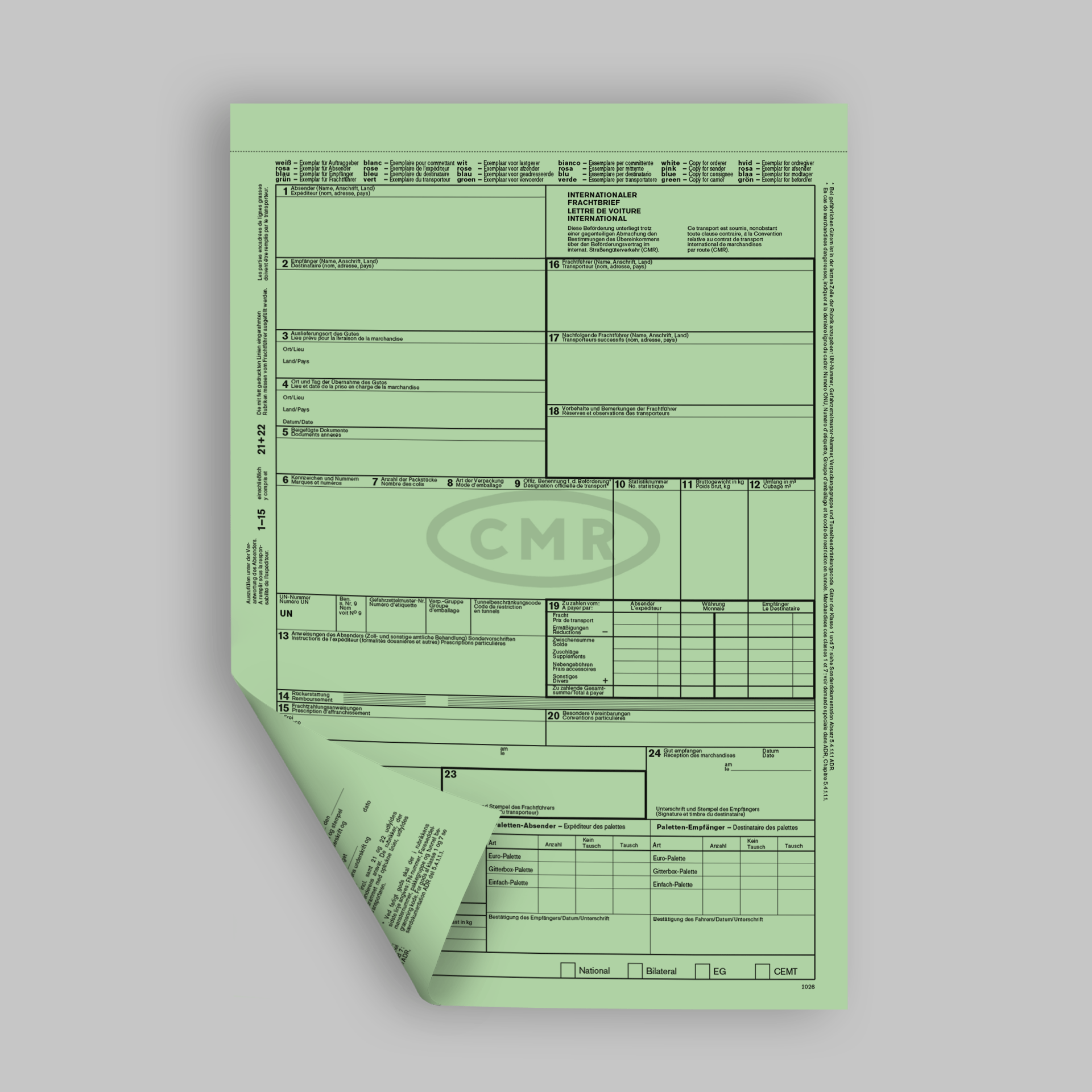 CMR - Frachtbrief Endlossatz selbstdurchschreibend – für Nadeldrucker